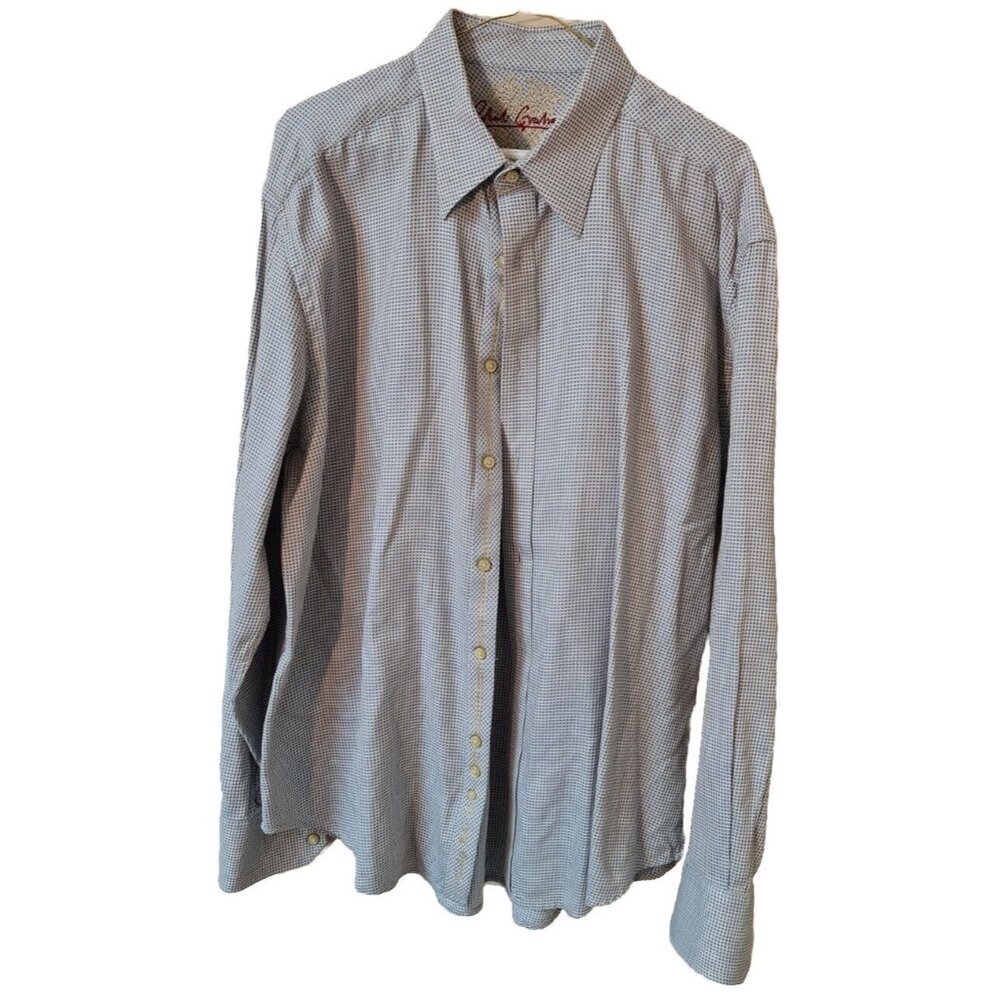 Robert Graham Shirt 2 XL Sky Blue Gold Check Embroidered Classic Fit 100% Cotton